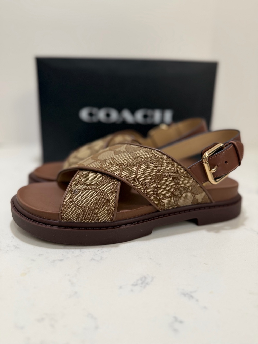 Coach Khaki Signature Canvas & Brown Leather Cross-Strap Sandals - Picture 3 of 14
